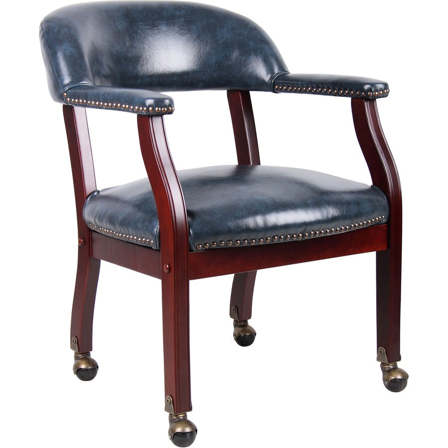 Boss Captain's Chair In Blue Vinyl with Casters - Blue Seat Color - Vinyl Seat Material - Blue Back Color - Vinyl Back Material - Mahogany Frame Color - Hardwood Frame Material - Four-legged Base - 1 Each