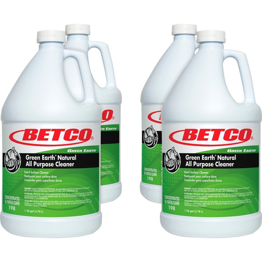 Betco Green Earth Natural All Purpose Cleaner - For Multi Surface - Concentrate - Liquid - 128 fl oz (4 quart) - 10.5 to 11.5 pH - Clean Scent - Recommended For: Soil Remover - Bio-based, Solvent-free, Streak-free, Non-smearing, Versatile - Green Bottl...