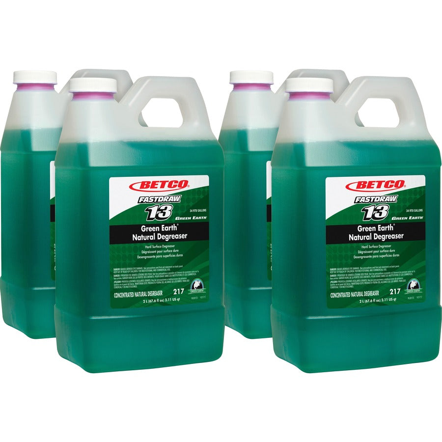 Betco Green Earth FastDraw 13 Natural Degreaser - Concentrate - 67.6 fl oz (2.1 quart) - Bio-based, Phosphate-free, Spill Proof - Dark Green - 4 / Carton
