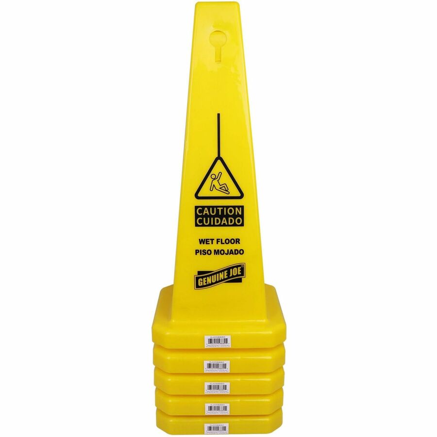 Genuine Joe Bright 4-sided Caution Safety Cone - English, Spanish - 10" Width x 24" Height x 10" Depth - Cone Shape - Stackable - Industrial - Polypropylene - Yellow, Yellow - 5 / Carton