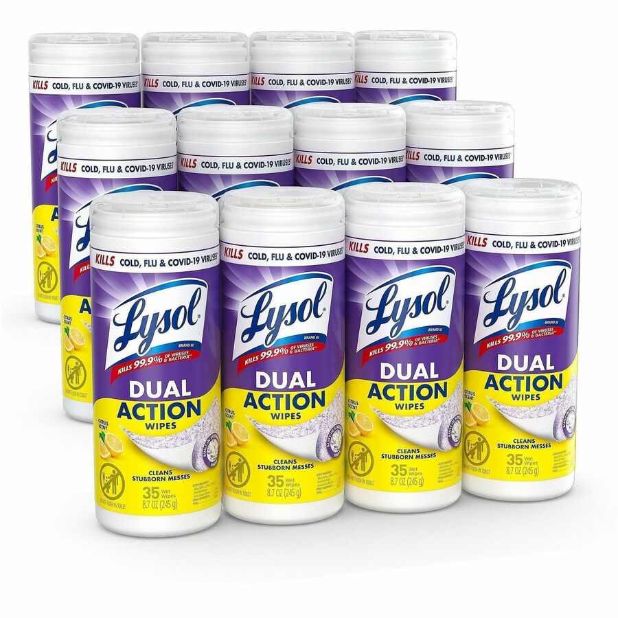 Lysol Dual Action Wipes - For Multi Surface - Citrus Scent - Recommended For: Stain Remover - White/Purple - 35/Tub - 12 / Carton