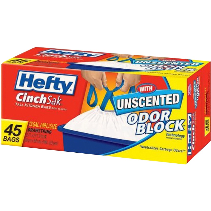 Hefty CinchSak 13-gallon Drawstring Bags - 13 gal Capacity - Drawstring Closure - White - Garbage, Kitchen - 45/Pack - 6 / Carton