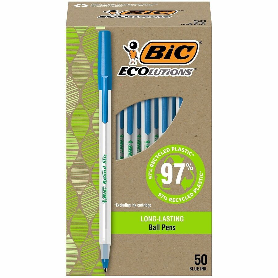 BIC Ecolutions Round Stic Ball Point Pen - Blue Ink - Semi Clear Barrel - 50 / Box