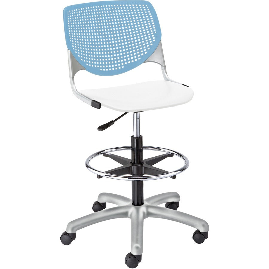 KFI Kool Stool With Perforated Back - White Seat Color - Polypropylene Seat Material - Sky Blue Back Color - Polypropylene, Aluminum Alloy Back Material - Powder Coated Silver Frame Color - Tubular Steel Frame Material - 5-star Base - 1 Each