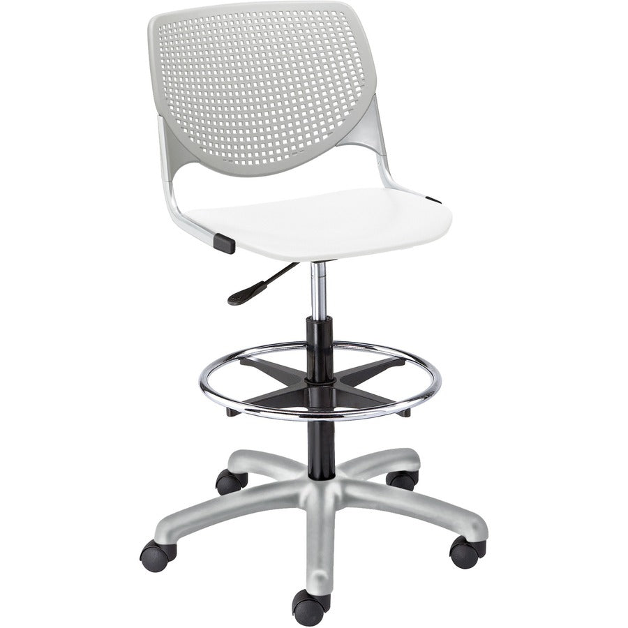 KFI Kool Stool With Perforated Back - White Seat Color - Polypropylene Seat Material - Light Gray Back Color - Polypropylene, Aluminum Alloy Back Material - Powder Coated Silver Frame Color - Tubular Steel Frame Material - 5-star Base - 1 Each