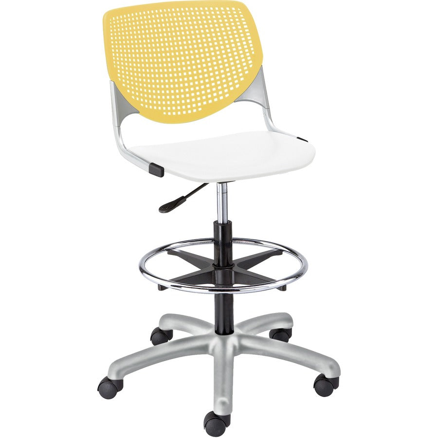 KFI Kool Stool With Perforated Back - White Seat Color - Polypropylene Seat Material - Yellow Back Color - Polypropylene, Aluminum Alloy Back Material - Powder Coated Silver Frame Color - Tubular Steel Frame Material - 5-star Base - 1 Each
