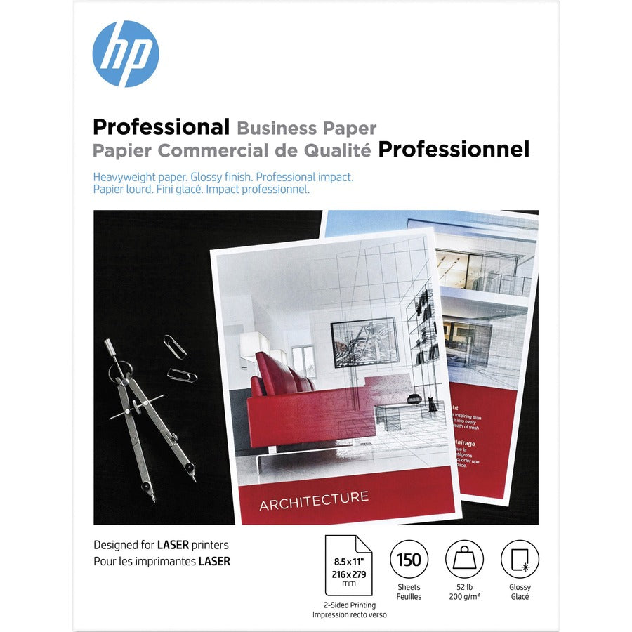 HP Glossy Brochure Paper - White - 97 Brightness - Letter - 8 1/2" x 11" - 52 lb Basis Weight - 200 g/m², Grammage - Smooth, Glossy - White - 1 Pack