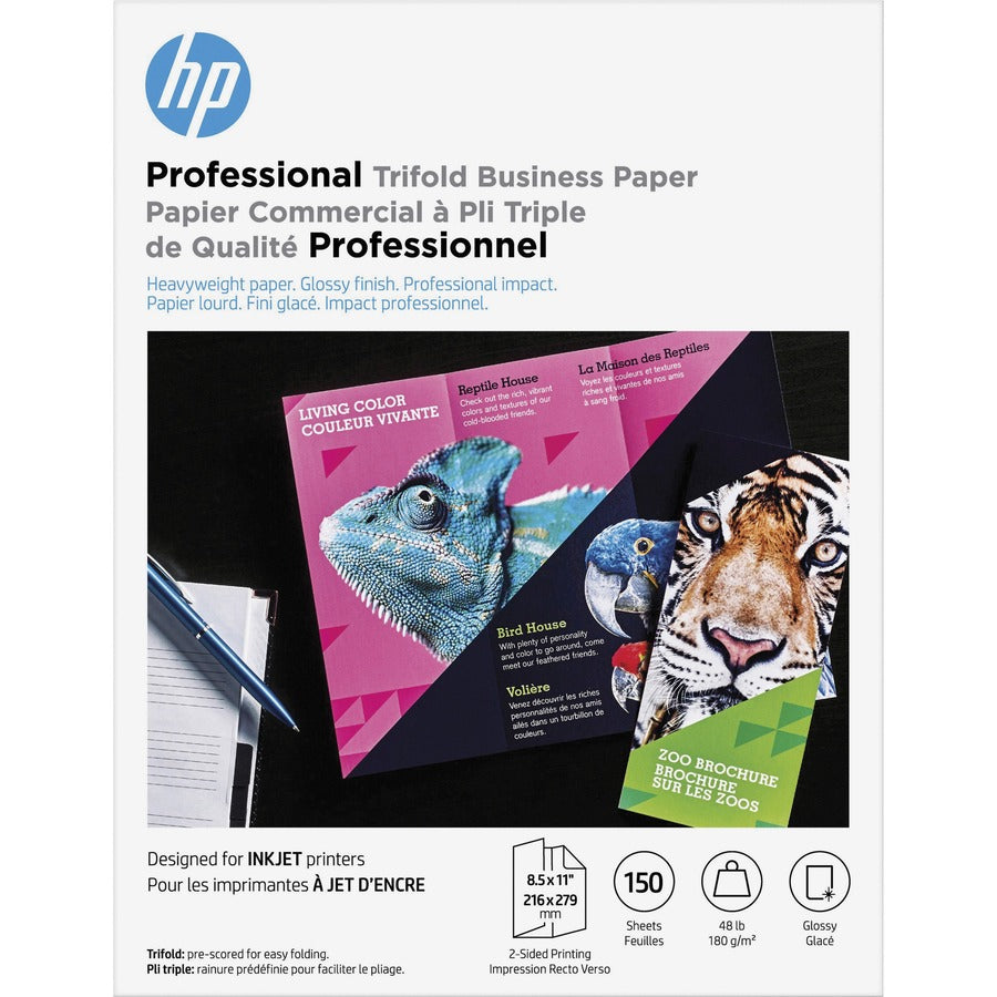 HP Professional Trifold Business Paper - White - Letter - 8 1/2" x 11" - 48 lb Basis Weight - 180 g/m², Grammage - Glossy - White - 150 / Pack