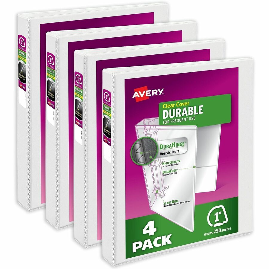 Avery Durable View 3 Ring Binders, 1" Slant Rings, 4 White Binders (17575) - 1" Binder Capacity - Letter - 8 1/2" x 11" Sheet Size - 250 Sheet Capacity - 1 2/5" Spine Width - 3 x 1" Ring - Fastener: Slant Ring - Pocket: 2, Internal - Polypropylene - Wh...