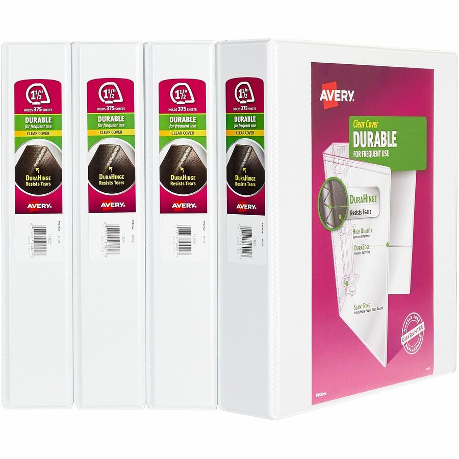 Avery®, Durable View 3 Ring Binders, 1.5" Slant Rings, 4 White Binders (17576) - 1 1/2" Binder Capacity - Letter - 8 1/2" x 11" Sheet Size - 375 Sheet Capacity - 375 Ring - Fastener: Slant Ring - Pocket: 2 - Polypropylene - Adhesive, Durable, Flexib...