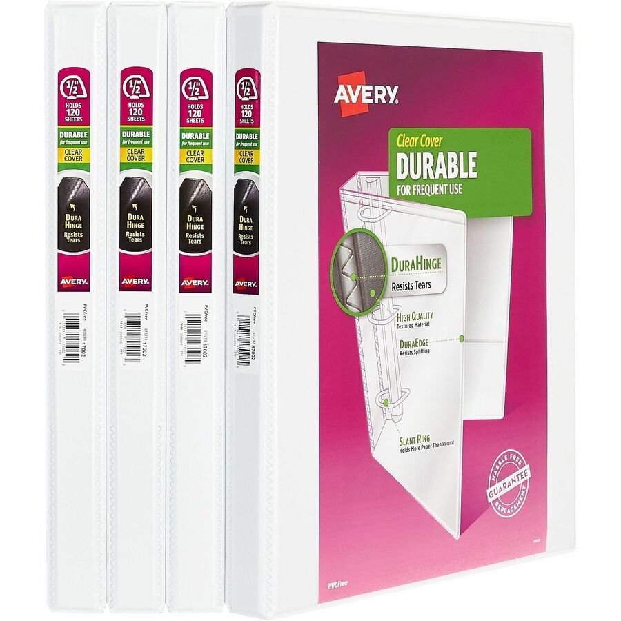 Avery®, Durable View 3 Ring Binders - 1/2" Binder Capacity - Letter - 8 1/2" x 11" Sheet Size - 135 Sheet Capacity - 3 Ring - Fastener: Slant Ring - Pocket: 2, Internal - Polypropylene - White - Durable, Flexible, Pocket, PVC-free, Split Resistant...