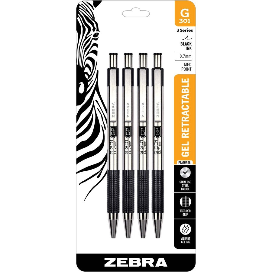 Zebra Pen STEEL 3 Series G-301 Retractable Gel Pen - Refillable - Retractable - Black Ink - Gel-based - Metal Barrel - 4 / Pack