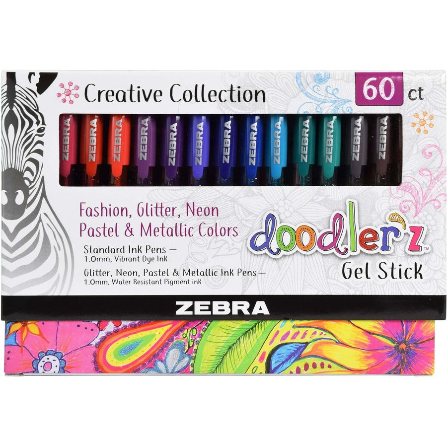 Zebra Pen Doodler'z Gel Stick Pens - Metallic, Neon, Assorted Ink - Water Based, Dye-based, Pigment-based - Translucent Barrel - 60 / Pack