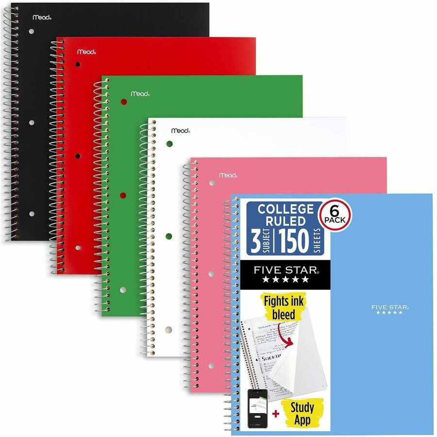 Mead Five Star Subject Spiral Notebook - 3 Subject(s) - 150 Sheets - 300 Pages - Wire Bound - 3 Hole(s) - 11" x 8 1/2" Sheet Size - Assorted Plastic, Paperboard Cover - Water Resistant, Bleed Resistant, Perforated, Spiral Lock, Storage Pocket, Dual-poc...