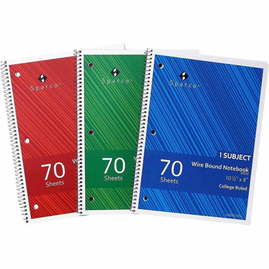 Sparco College Ruled Wire-bound Notebook - Wire Bound - 3 Hole(s) - 0.25" Height x 8" Width x 10.5" Length - Stiff-cover, Stiff-back, Perforated - 703 / Pack