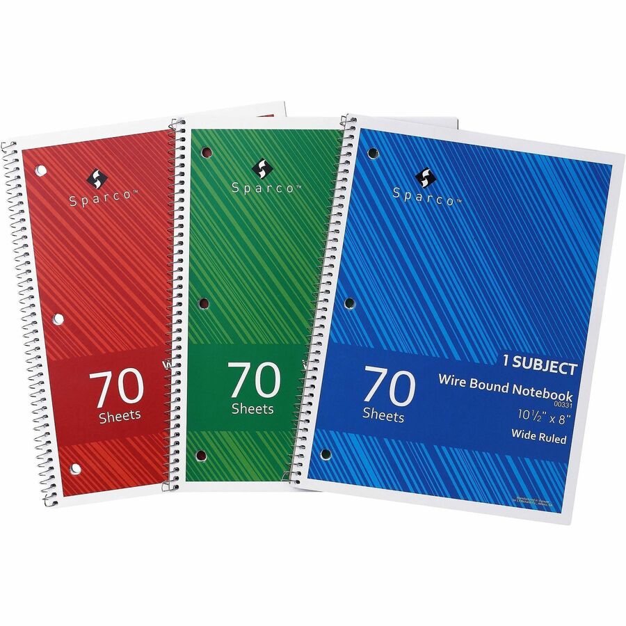 Sparco Wide Ruled Wire-bound Notebook - Wire Bound - 3 Hole(s) - 0.25" Height x 8" Width x 10.5" Length - Stiff-cover, Stiff-back, Perforated - 703 / Pack