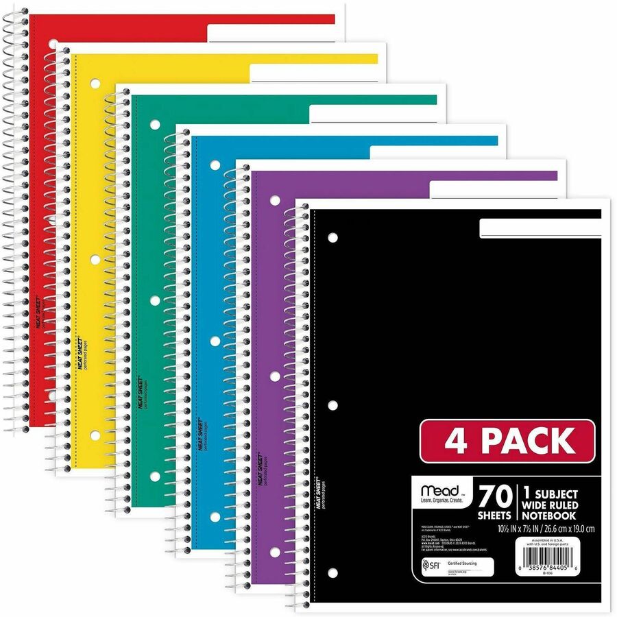 Mead 1 Subject Wide Ruled Spiral Notebook - 70 Sheets - 140 Pages - Spiral Bound - 3 Hole(s) - 10 1/2" x 8" Sheet Size - 10" Height x 8" Width x 0.5" Length - White Paper - Assorted Cover - Durable Cover, Bleed Resistant, Perforated, Spiral Lock, Light...