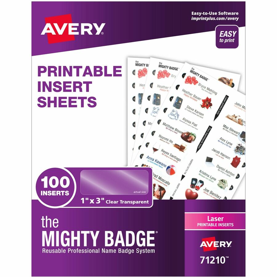 The Mighty Badge®, by Avery®, The Mighty Badge Printable Insert Sheets, 100 Clear Inserts, Laser - Letter - 8 1/2" x 11" - Printable, Non-adhesive, Easy Peel, Reusable - Clear - 5 Sheets - 100 / Pack
