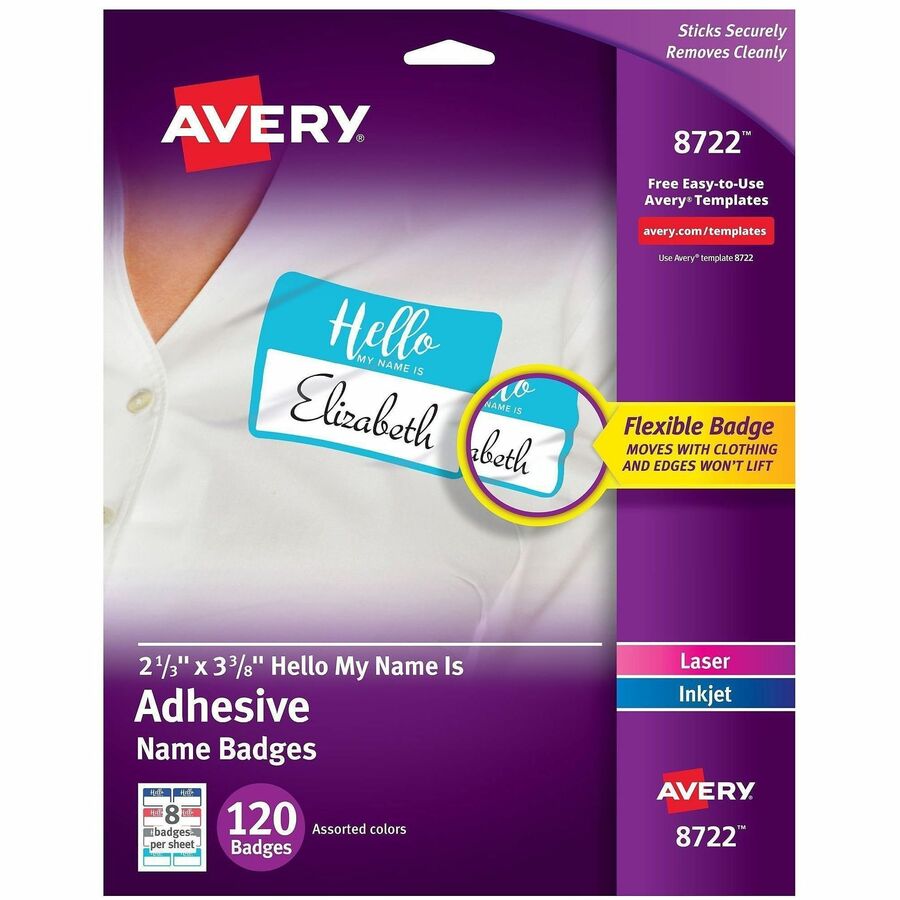 Avery®, Self-Adhesive Name Tags - Hello My Name Is - 11" Height x 8 1/2" Width - Removable Adhesive - Rectangle - Laser, Inkjet - Matte - White - Film - 8 / Sheet - 15 Total Sheets - 120 Total Label(s) - 120 / Pack