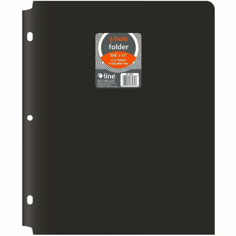 C-Line 2-pocket Heavyweight Poly Portfolio Pocket - 9.4" Width x 11.4" Length x 100 mil Thickness - For Letter 8 1/2" x 11" Sheet - 3 x Holes - Ring Binder - Rectangular - Black - Polypropylene - 25 / Box