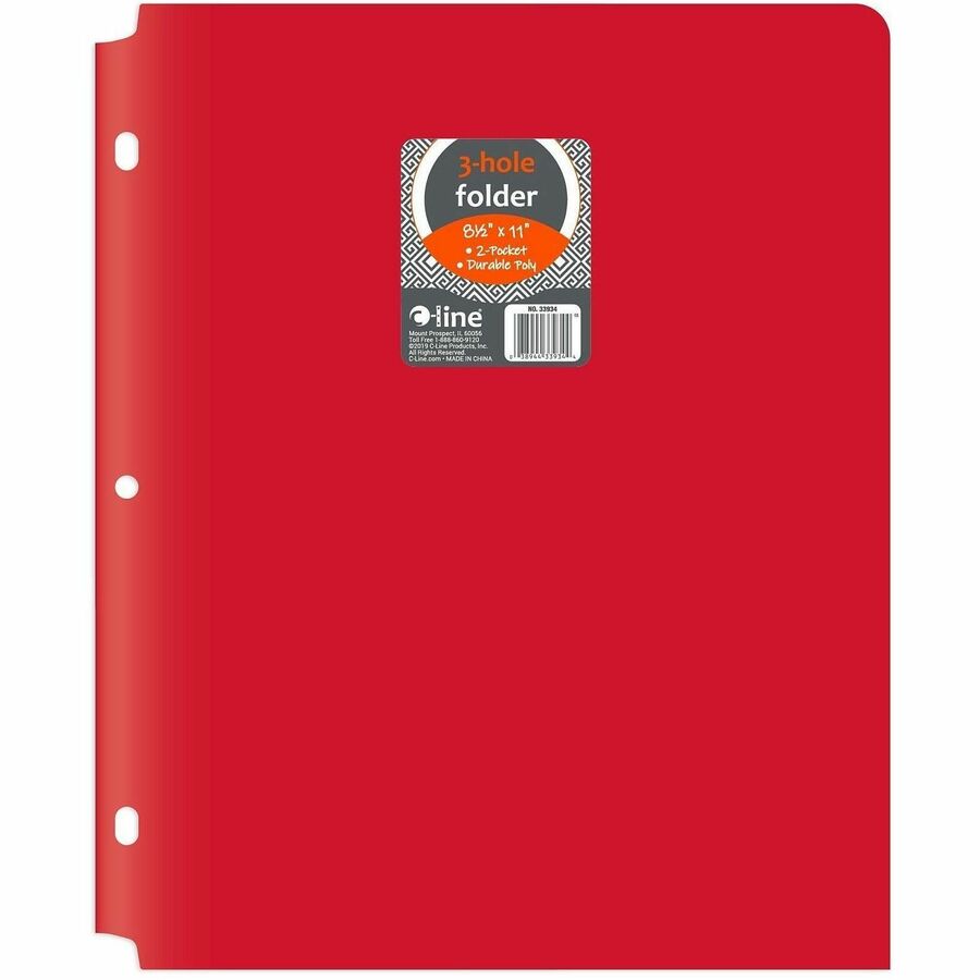 C-Line 2-pocket Heavyweight Poly Portfolio Pocket - 9.4" Width x 11.4" Length x 100 mil Thickness - For Letter 8 1/2" x 11" Sheet - 3 x Holes - Ring Binder - Rectangular - Red - Polypropylene - 25 / Box