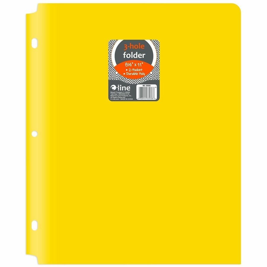 C-Line 2-pocket Heavyweight Poly Portfolio Pocket - 9.4" Width x 11.4" Length x 100 mil Thickness - For Letter 8 1/2" x 11" Sheet - 3 x Holes - Ring Binder - Rectangular - Yellow - Polypropylene - 25 / Box