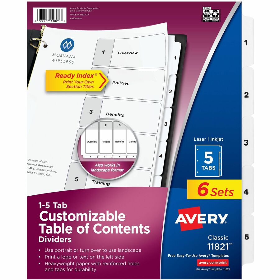 Avery Dividers, 5 Tabs, Ready Index (6 Sets of 11821) - 30 x Divider(s) - 30 Tab(s) - Digit - 1-5, Table of Contents - 5 Tab(s)/Set - 8.5" Divider Width x 11" Divider Length - 3 Hole Punched - White Paper Divider - White Paper Tab(s) - Hole-punched, Pr...