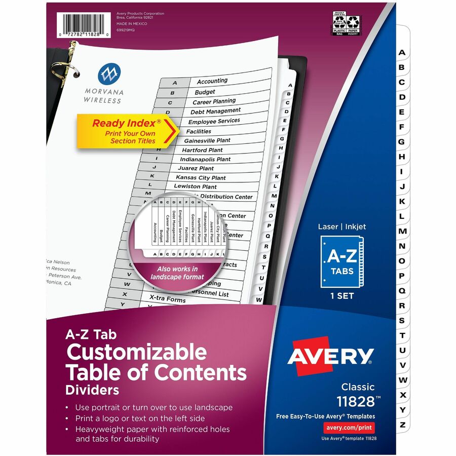 Avery Ready Index A-Z 26 Tab Dividers, Customizable TOC, 1 Set (11828) - 26 x Divider(s) - 26 Tab(s) - Alphabet - A-Z, Table of Contents - 26 Tab(s)/Set - 8.5" Divider Width x 11" Divider Length - 3 Hole Punched - White Paper Divider - White Paper Tab(...