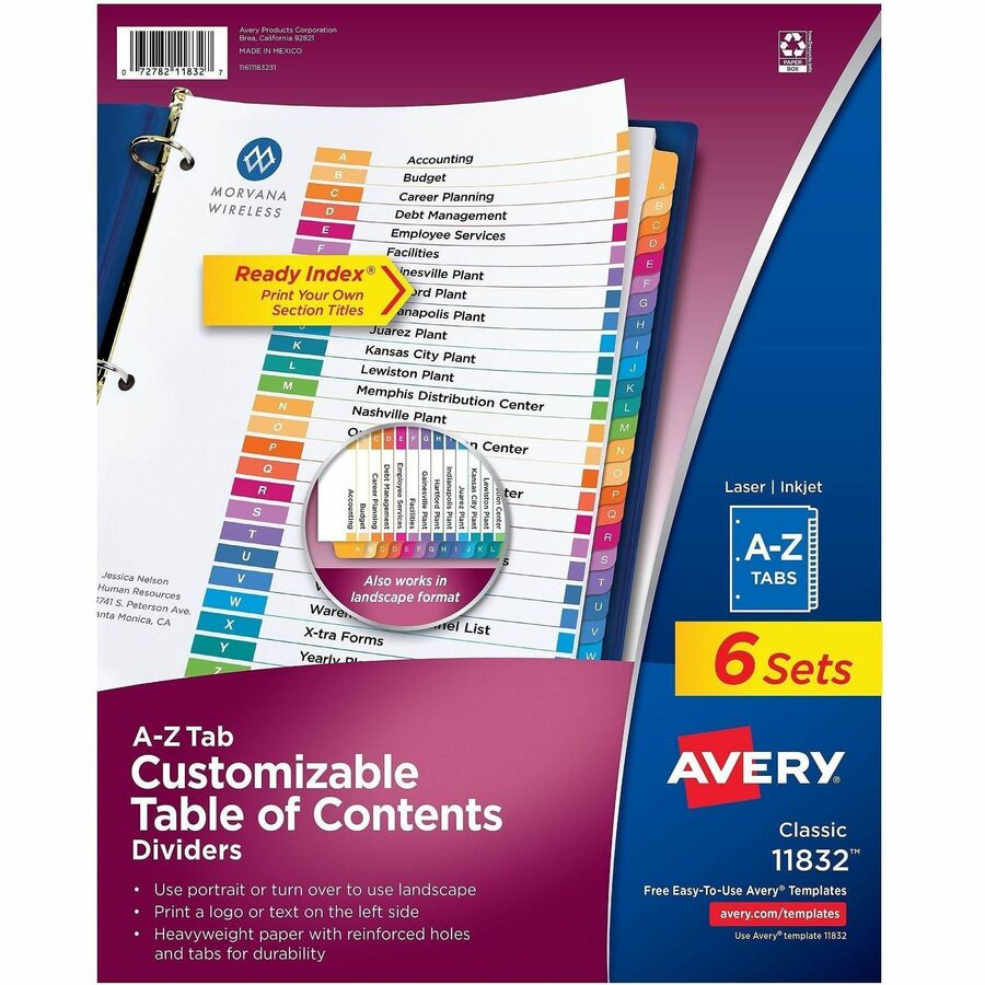 Avery A-Z Dividers, 26 Tabs, Ready Index (6 Sets of 11832) - 156 x Divider(s) - 156 Tab(s) - Alphabet - A-Z, Table of Contents - 26 Tab(s)/Set - 8.5" Divider Width x 11" Divider Length - 3 Hole Punched - White Paper Divider - Multicolor Paper Tab(s)...