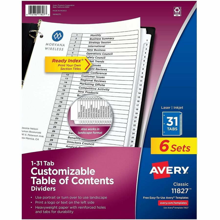 Avery 1-31 Dividers, 31 Tabs, Ready Index (6 Sets of 11827) - 186 x Divider(s) - 186 Tab(s) - Digit - 1-31, Table of Contents - 31 Tab(s)/Set - 8.5" Divider Width x 11" Divider Length - 3 Hole Punched - White Paper Divider - White Paper Tab(s) - Hole-p...
