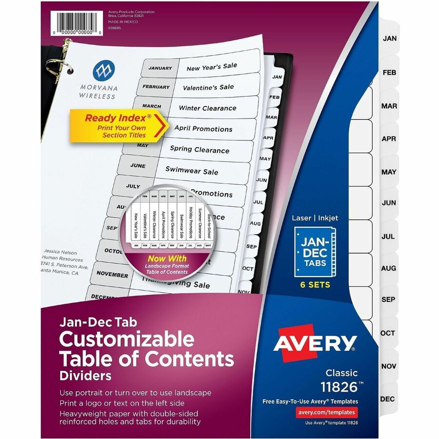 Avery Jan-Dec Dividers, 12 Tabs, Ready Index (6 Sets of 11830) - 72 x Divider(s) - 72 Tab(s) - Month - Jan-Dec, Table of Contents - 12 Tab(s)/Set - 8.5" Divider Width x 11" Divider Length - 3 Hole Punched - White Paper Divider - Multicolor Paper Tab(s)...