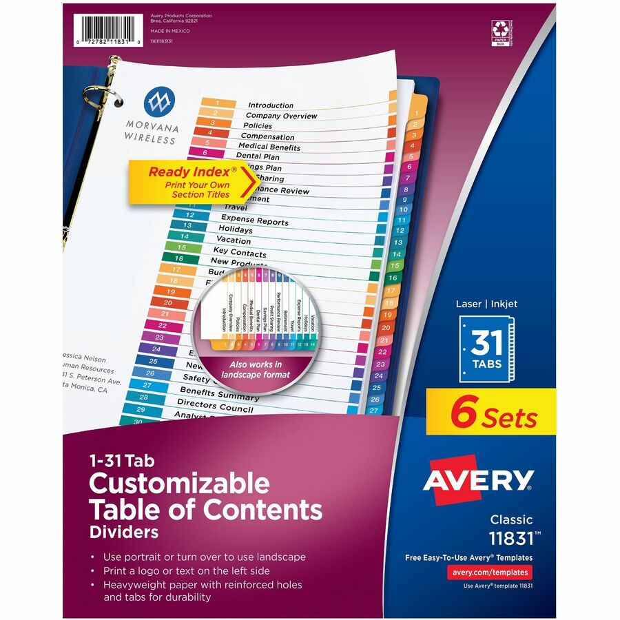Avery 1-31 Dividers, 31 Tabs, Ready Index (6 Sets of 11831) - 186 x Divider(s) - 186 Tab(s) - Digit - 1-31, Table of Contents - 31 Tab(s)/Set - 8.5" Divider Width x 11" Divider Length - 3 Hole Punched - White Paper Divider - Multicolor Paper Tab(s) - H...