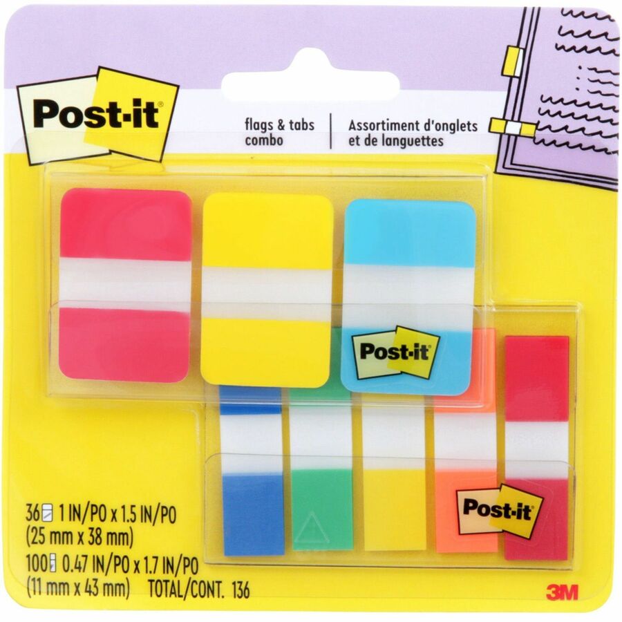 Post-it®, Tabs and Flags Combo Pack - Red, Yellow, Blue, Green, Orange - Sticky, Adhesive - 136 / Pack