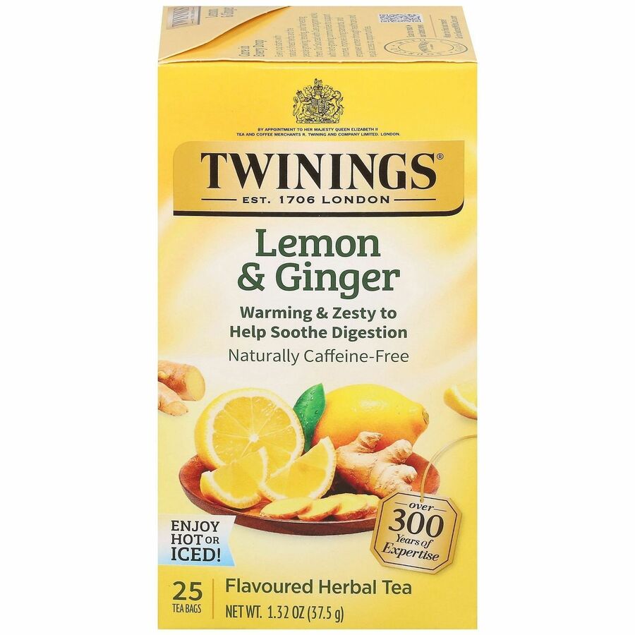 Twinings of London Lemon & Ginger Herbal Tea Bag - Herbal Tea - 1.3 oz - Decaffeinated - 25 / Box