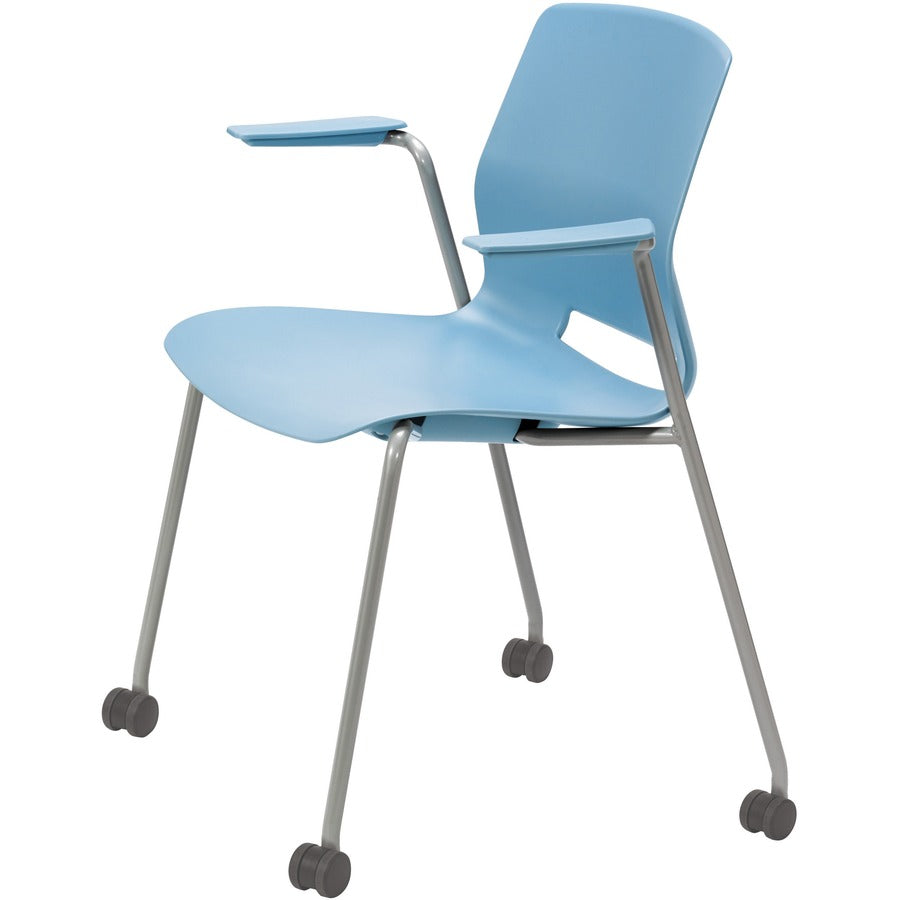 KFI Swey Mobile Multipurpose Stool with Arms - Sky Blue Seat Color - Polypropylene Seat Material - Sky Blue Back Color - Polypropylene Back Material - Silver Frame Color - Stainless Steel Frame Material - Four-legged Base - 1 Each
