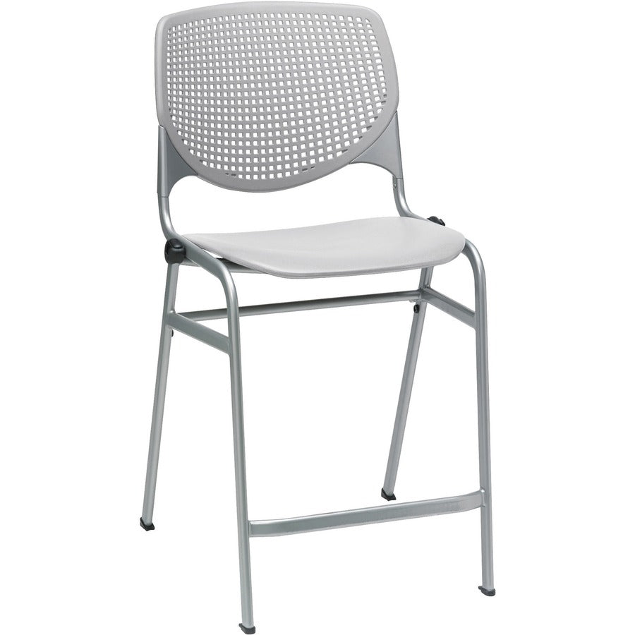 KFI Kool Counter-Height Stackable Stool - Light Gray Seat Color - Polypropylene Seat Material - Light Gray Back Color - Polypropylene, Aluminum Alloy Back Material - Powder Coated Silver Frame Color - Cold Rolled Steel Frame Material - Four-legged Base...