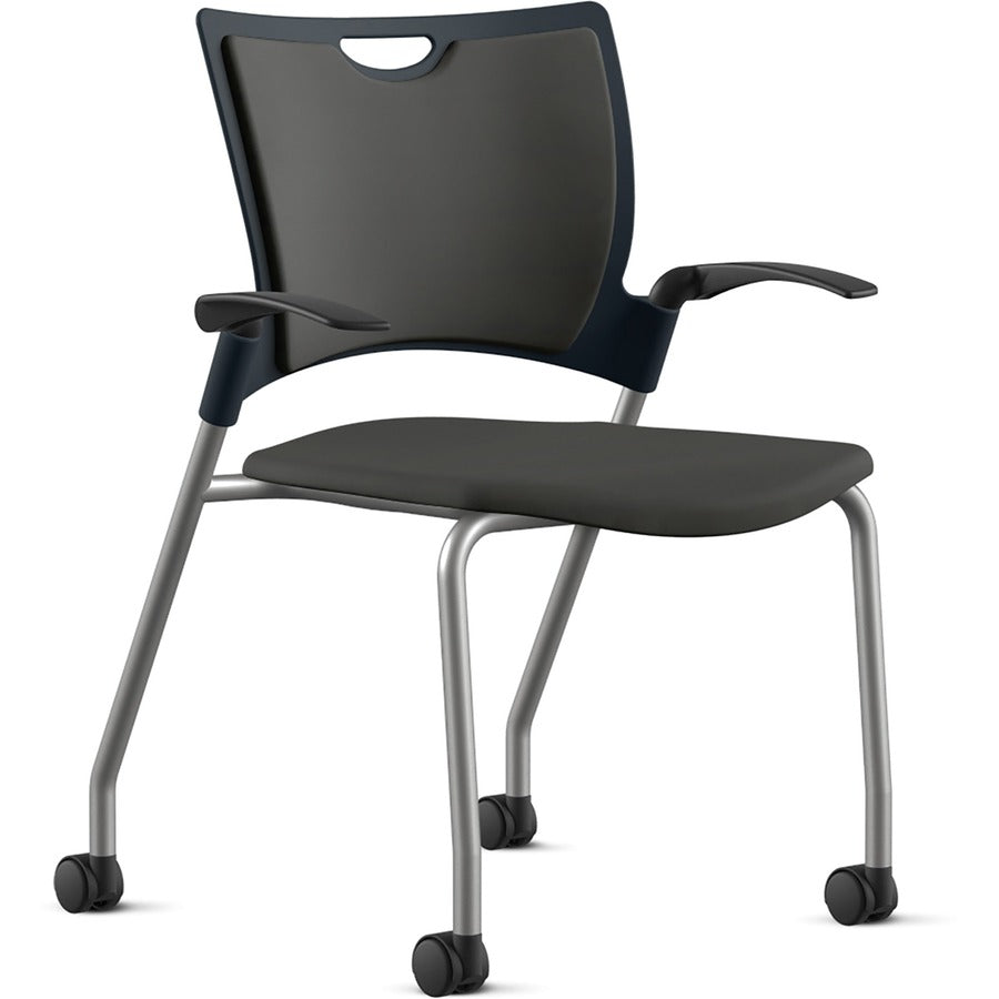 9 to 5 Seating Bella Fabric Seat Mobile Stack Chair - Fabric, Foam, Plastic Seat Material - Fabric, Plastic, Foam Back Material - Powder Coated, Silver Frame Color - Four-legged Base - Onyx - 1 Each