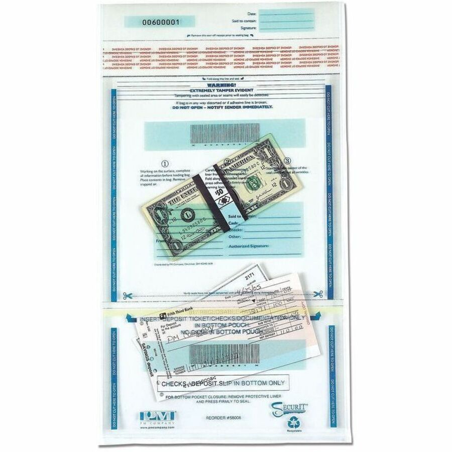 ICONEX SecurIT 6.0 mil Plastic Disposable Deposit Bags - 15" Length x 11" Width x 6 mil (152 Micron) Thickness - Clear - Plastic - Currency, Check, Receipt - 100 / Pack