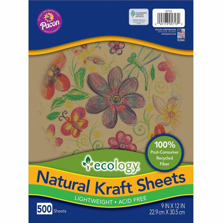 Ecology Natural Kraft Sheets - Drawing, Project, Art, Craft Project, Decoration - 500 Piece(s) - 2.10" Height x 9" Width x 12" Length - Natural - Kraft - 1 Ream