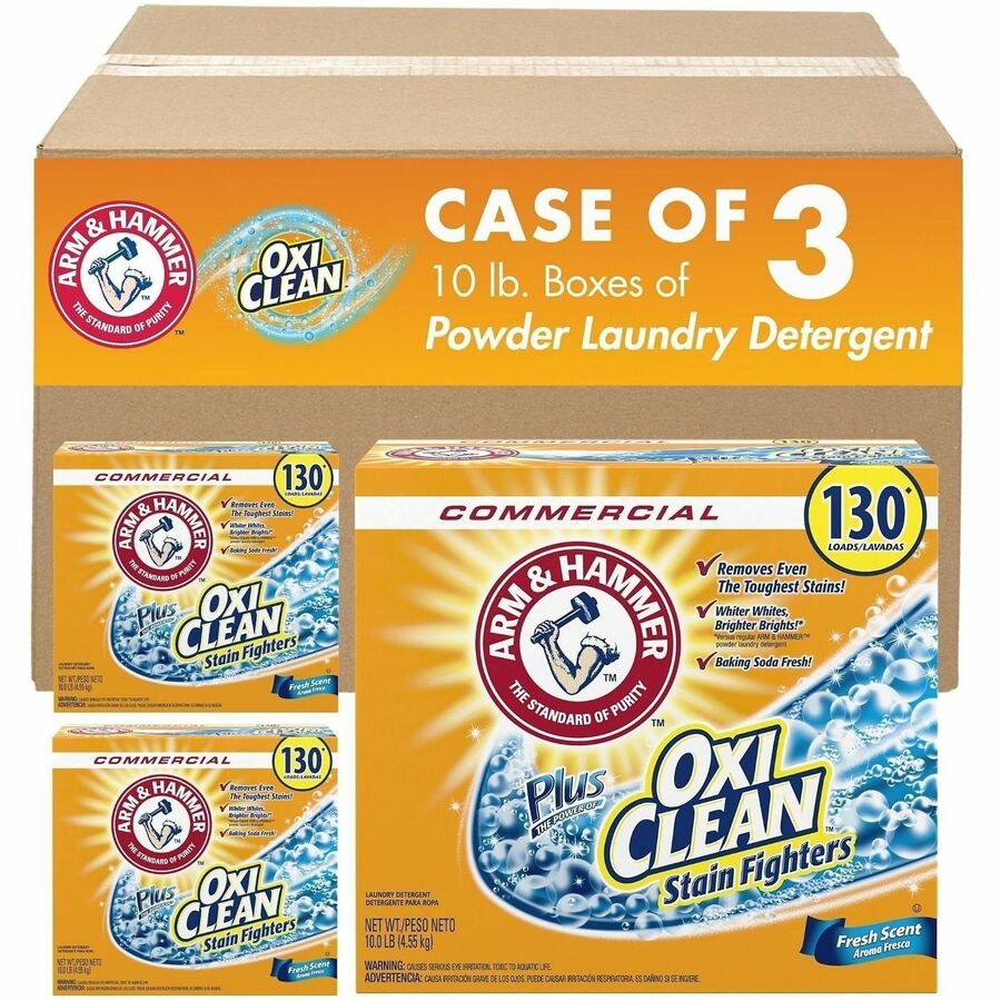 Arm & Hammer Powder Detergent plus OxiClean - 160 oz (10 lb) - Fade Resistant - Orange - 3 / Carton