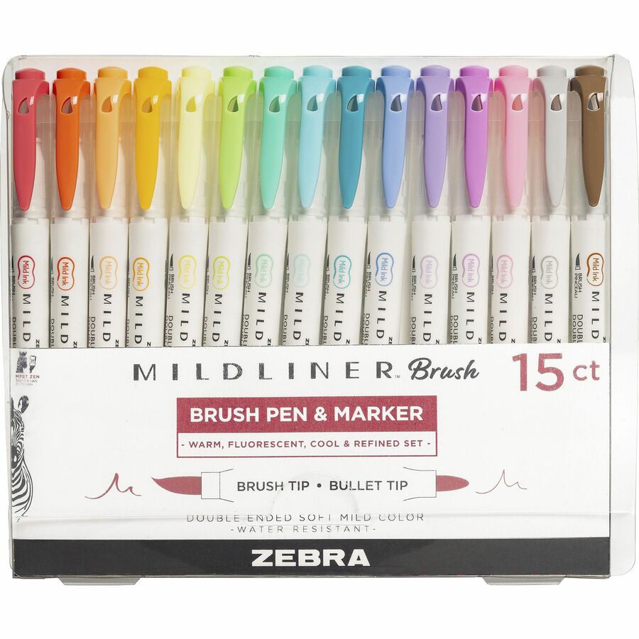Zebra MILDLINER Dual Ended Brush Pen & Marker Set - Assorted Ink - Pigment-based - White Barrel - 15 / Pack