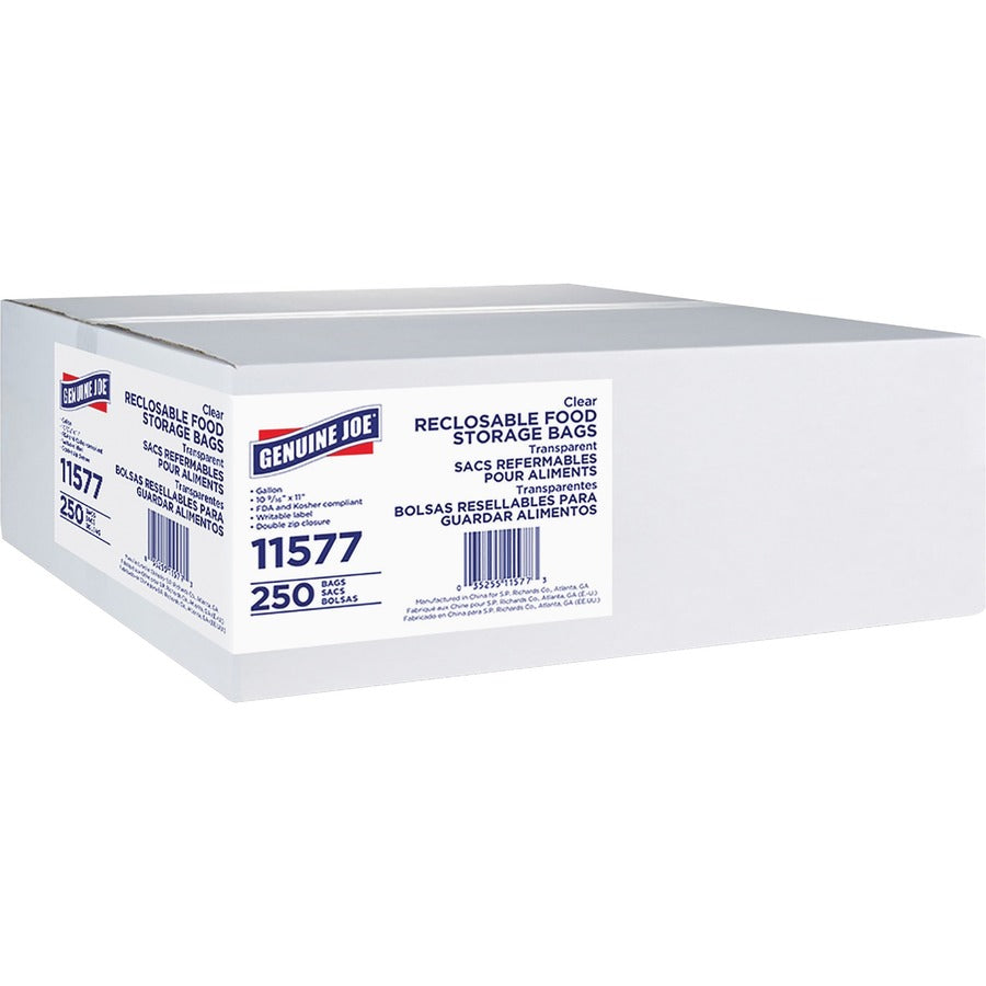 Genuine Joe Food Storage Bags - 1 gal Capacity - 11" Length x 10.56" Width x 1.75 mil (44 Micron) Thickness - Zipper Closure - Clear - Food, Beef, Vegetables, Seafood, Poultry - 250/Box - 8 / Carton