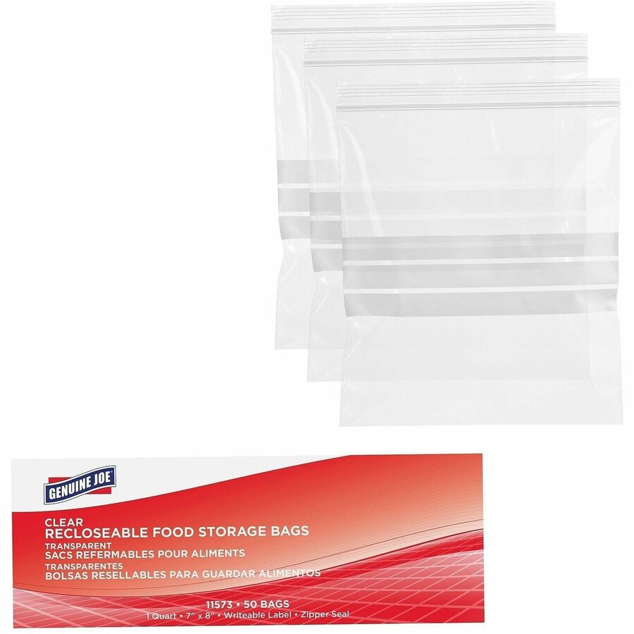 Genuine Joe Food Storage Bags - 1 quart Capacity - 8" Length x 7" Width x 1.75 mil (44 Micron) Thickness - Clear - Food, Beef, Seafood, Poultry, Vegetables - 50/Box - 9 / Carton