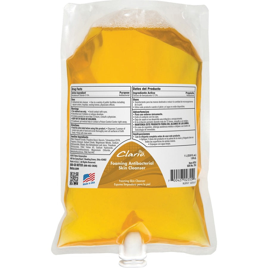 Betco Clario Foaming Antibacterial Skin Cleanser Refill - Foam - 1.06 quart - Fresh - Applicable on Hand - Anti-bacterial - 1 Each