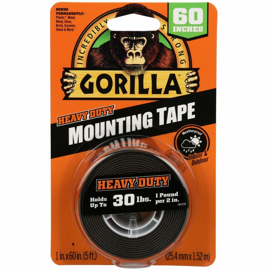 Gorilla Heavy Duty Mounting Tape - 5 ft Length x 1" Width - Black - For Indoor, Outdoor, Plastic, Metal, Wood, Glass, Brick, Ceramic, Stone - 1 Each