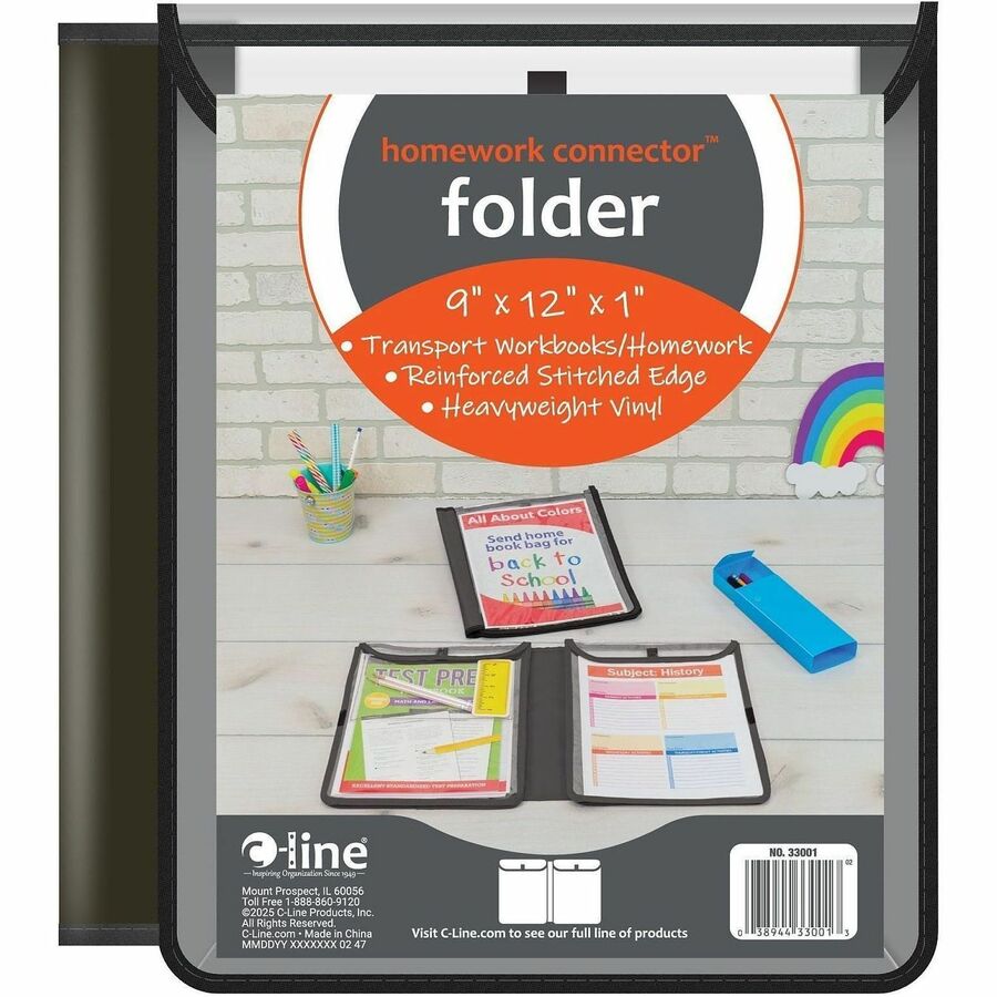 C-Line Homework Connector Pocket Folder - 9" x 12" - Internal Pocket - Black - 1 Each