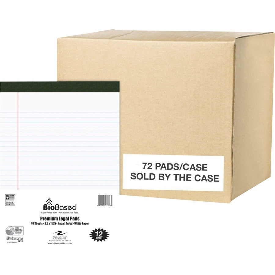 Roaring Spring USDA Certified Bio-Preferred Legal Pads - 40 Sheets - 80 Pages - Printed - Stapled/Tapebound - Both Side Ruling Surface - Double Line Red Margin - 20 lb Basis Weight - 75 g/m², Grammage - 11 3/4" x 8 1/2" Sheet Size - 3" Height x 8.5...