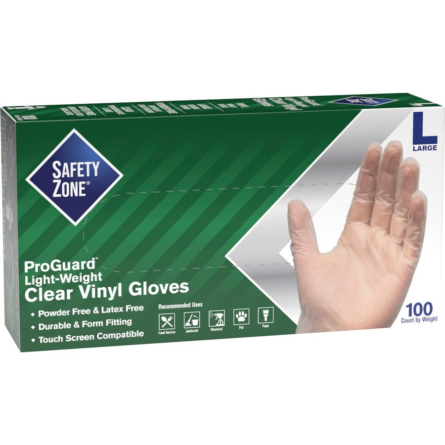 Safety Zone Powder Free Clear Vinyl Gloves - 9.25" Glove Length - Large Size - Clear - Latex-free, DEHP-free, DINP-free, PFAS-free - For Food Preparation, Cleaning - 100/Box - 10 / Carton