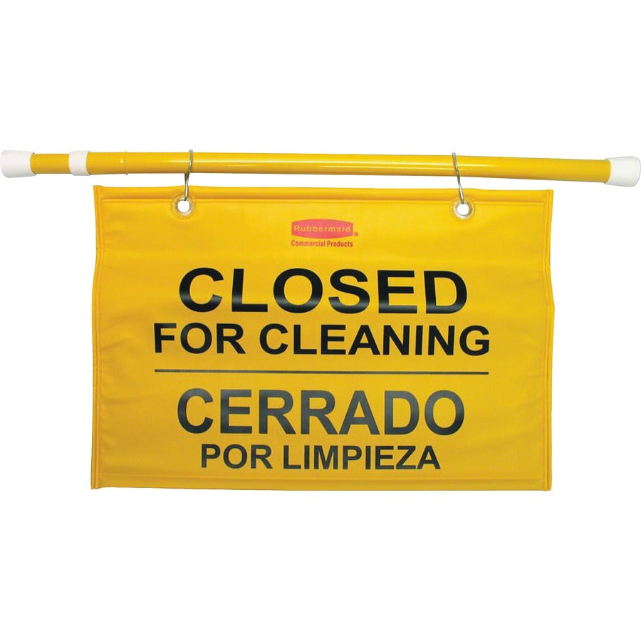 Rubbermaid Commercial Multilingual Closed for Cleaning Safety Signs - English, French, Spanish - Print/Message "Closed for Cleaning" - 50" Width x 13" Height x 1" Depth - Durable - Yellow - 6 / Carton