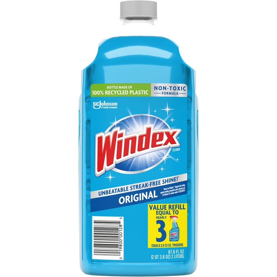 Windex®, Original Glass Cleaner Refill - 67.6 fl oz (2.1 quart) - Streak-free, Film-free, Phosphate-free - Blue Bottle - 6 / Carton